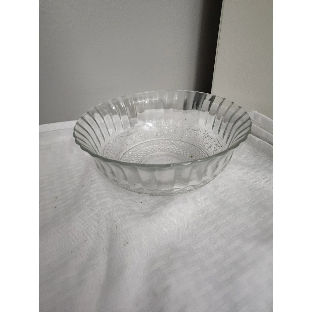 Vintage Clear Pressed Glass Bowl Scalloped Ribbed Edge Embossed Pattern 8 Inch